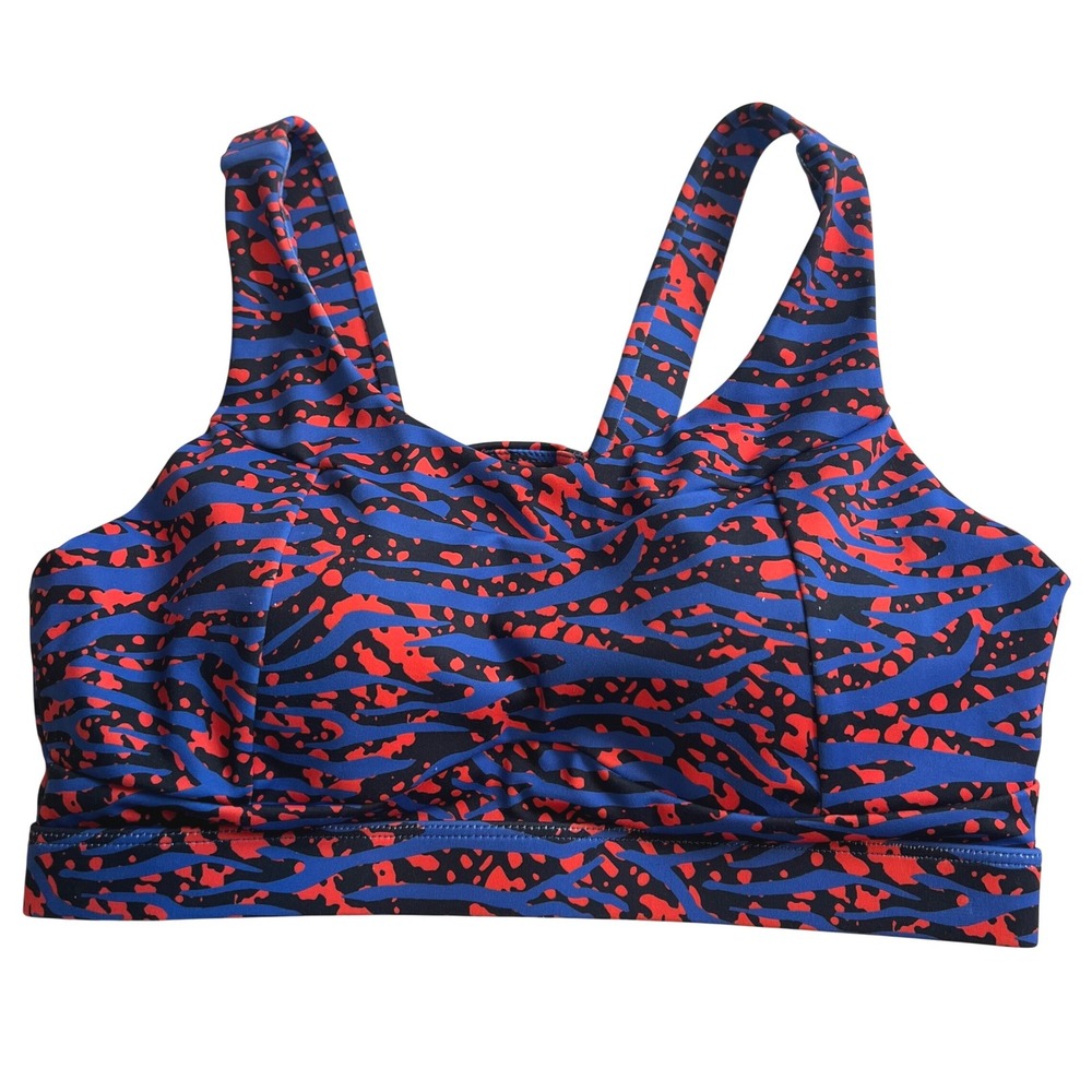 Running Girl Women's M Sports Bra Blue Red Tiger Stripe Animal Print Cutout Back